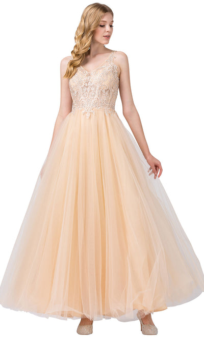 Dancing Queen - 2511 Sheer Floral Appliqued A-Line Dress In Champagne & Gold