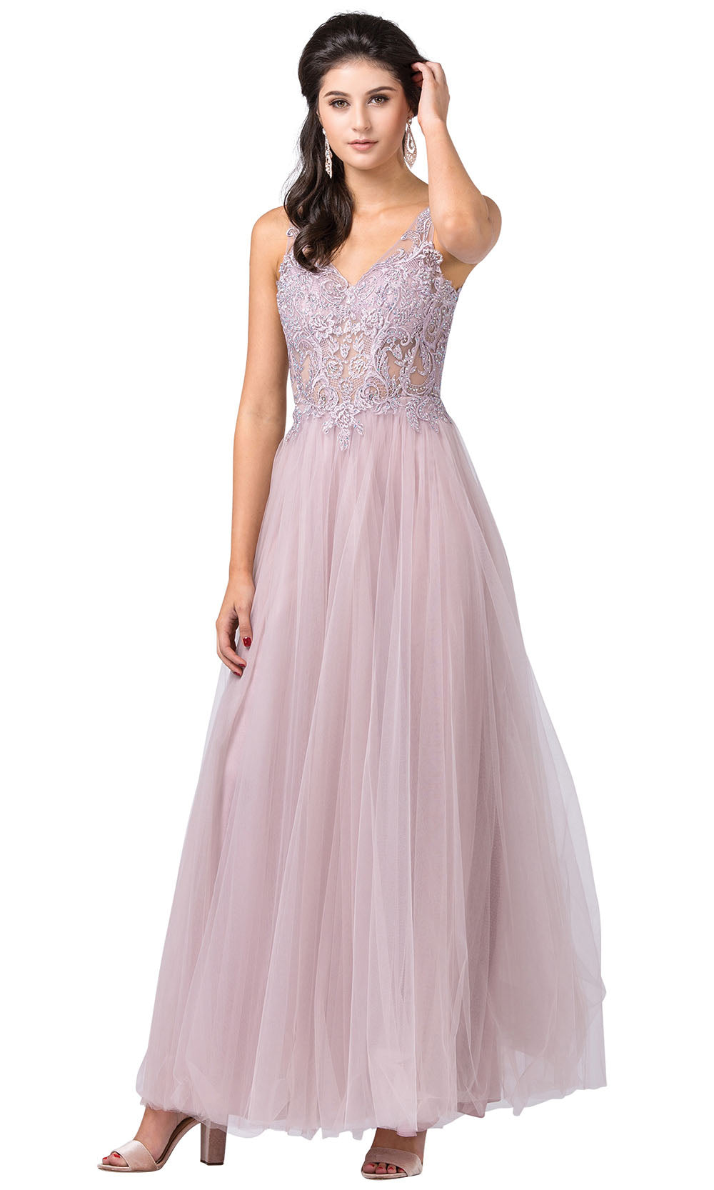 Dancing Queen - 2511 Sheer Floral Appliqued A-Line Dress In Pink