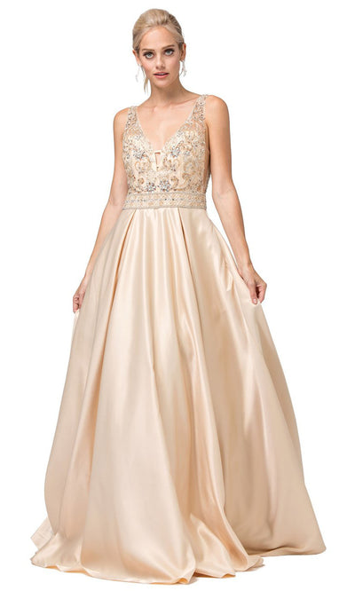 Dancing Queen - 2512 Beaded Ladder Strap Plunging Dress In Champagne & Gold