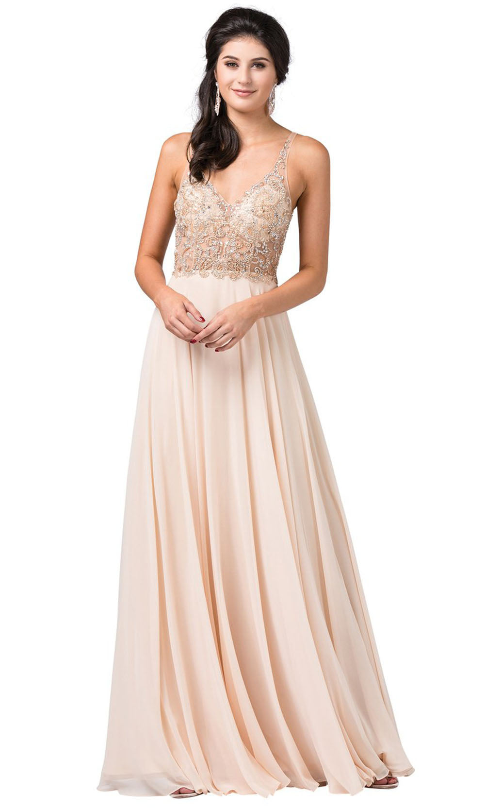 Dancing Queen - 2513 Beaded V Neck A-Line Dress In Neutral