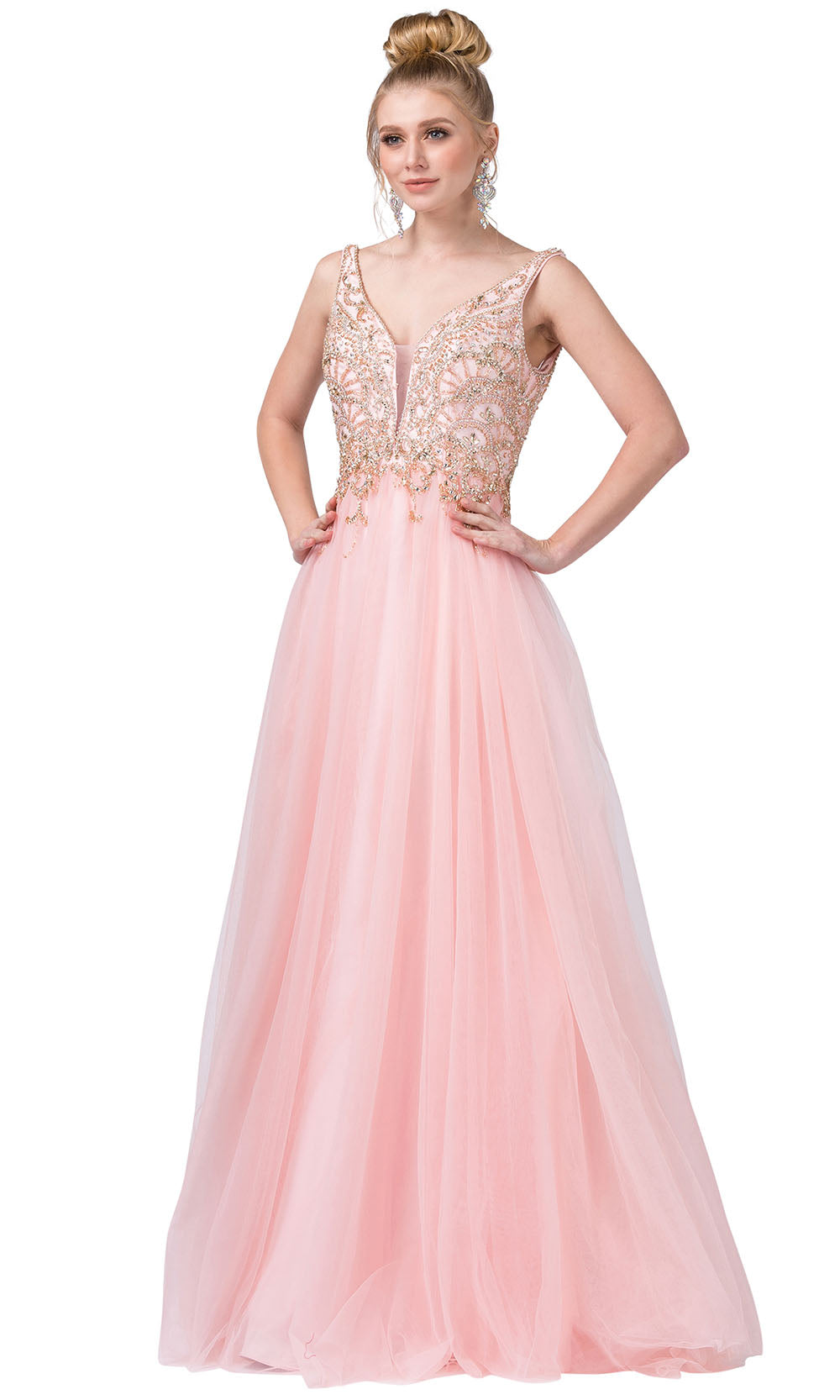 Dancing Queen - 2514 Beaded Plunging V-Neck A-Line Dress In Pink