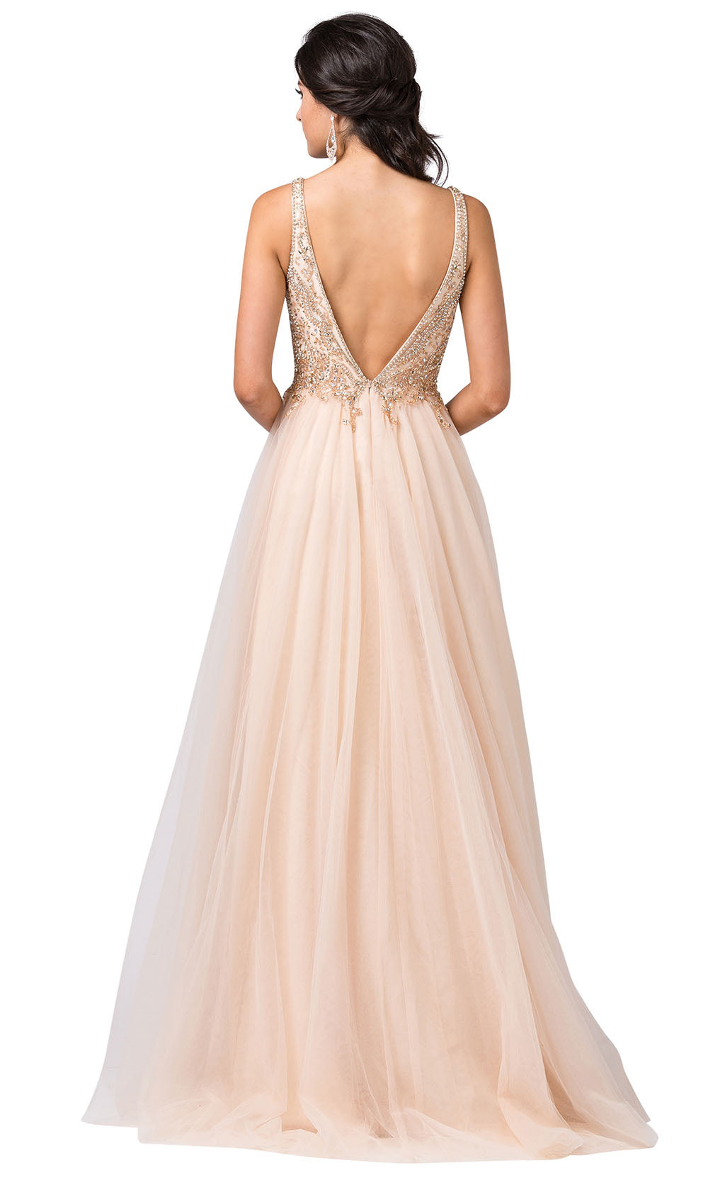 Dancing Queen - 2514 Beaded Plunging V-Neck A-Line Dress In Champagne & Gold