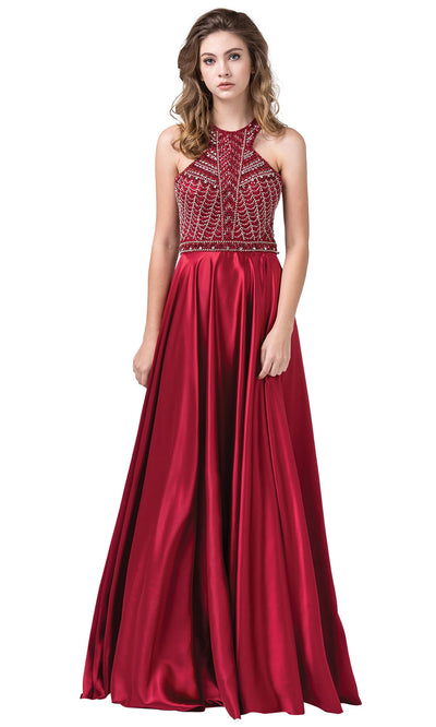Dancing Queen - 2518 Embellished Halter Neck A-Line Gown In Red