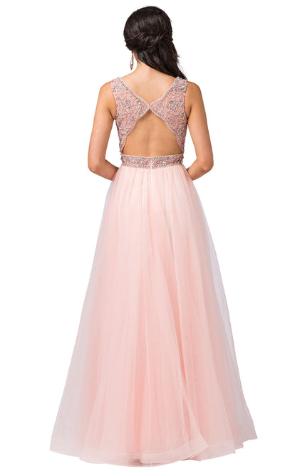 Dancing Queen - 2520 Embellished Deep V Neck A-Line Gown In Pink