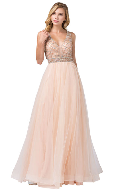 Dancing Queen - 2520 Embellished Deep V Neck A-Line Gown In Neutral
