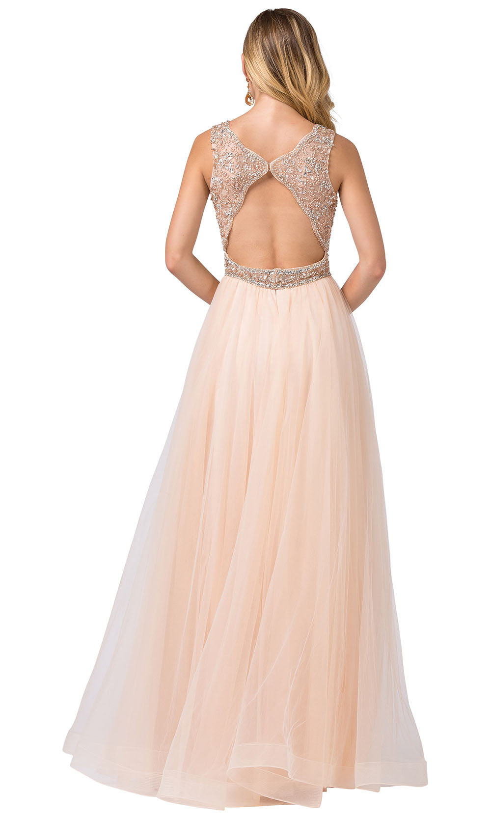 Dancing Queen - 2520 Embellished Deep V Neck A-Line Gown In Neutral
