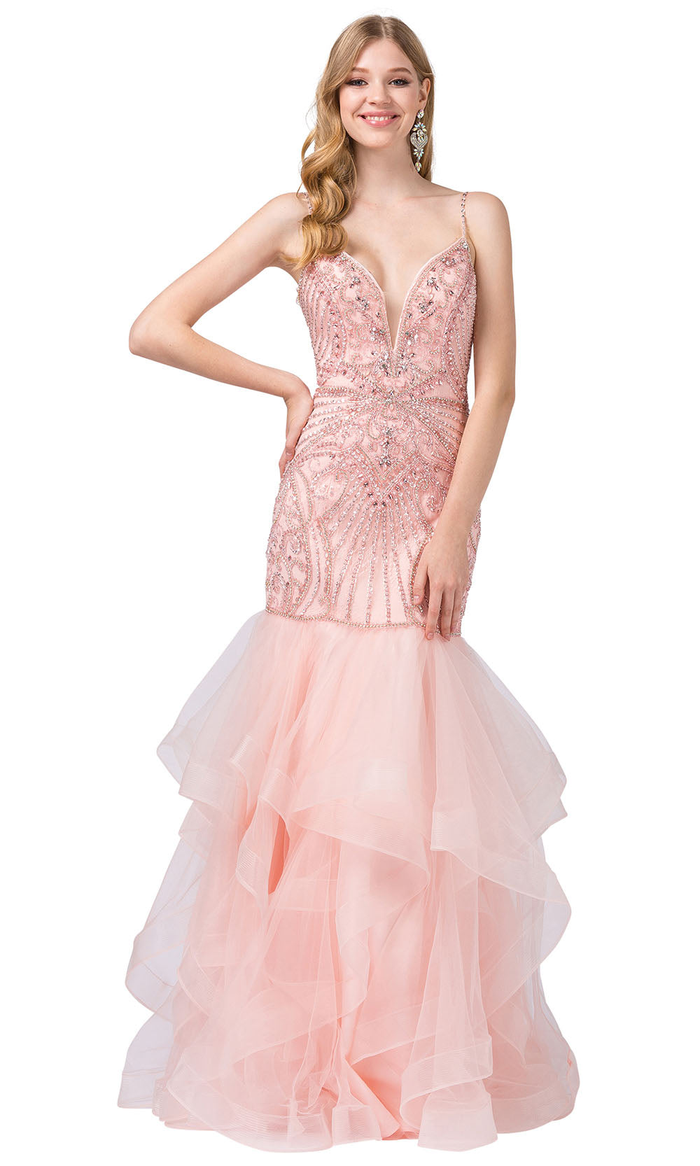 Dancing Queen - 2523 Jeweled Sheer Flared Trumpet Dress In Pink