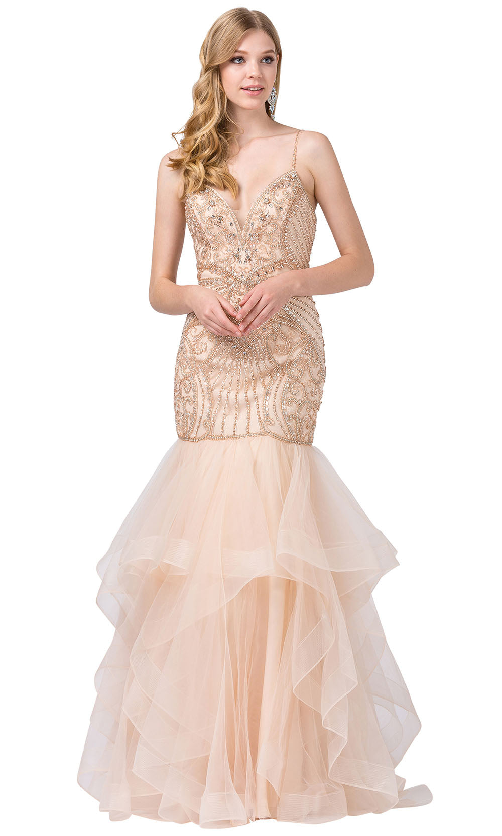 Dancing Queen - 2523 Jeweled Sheer Flared Trumpet Dress In Champagne & Gold