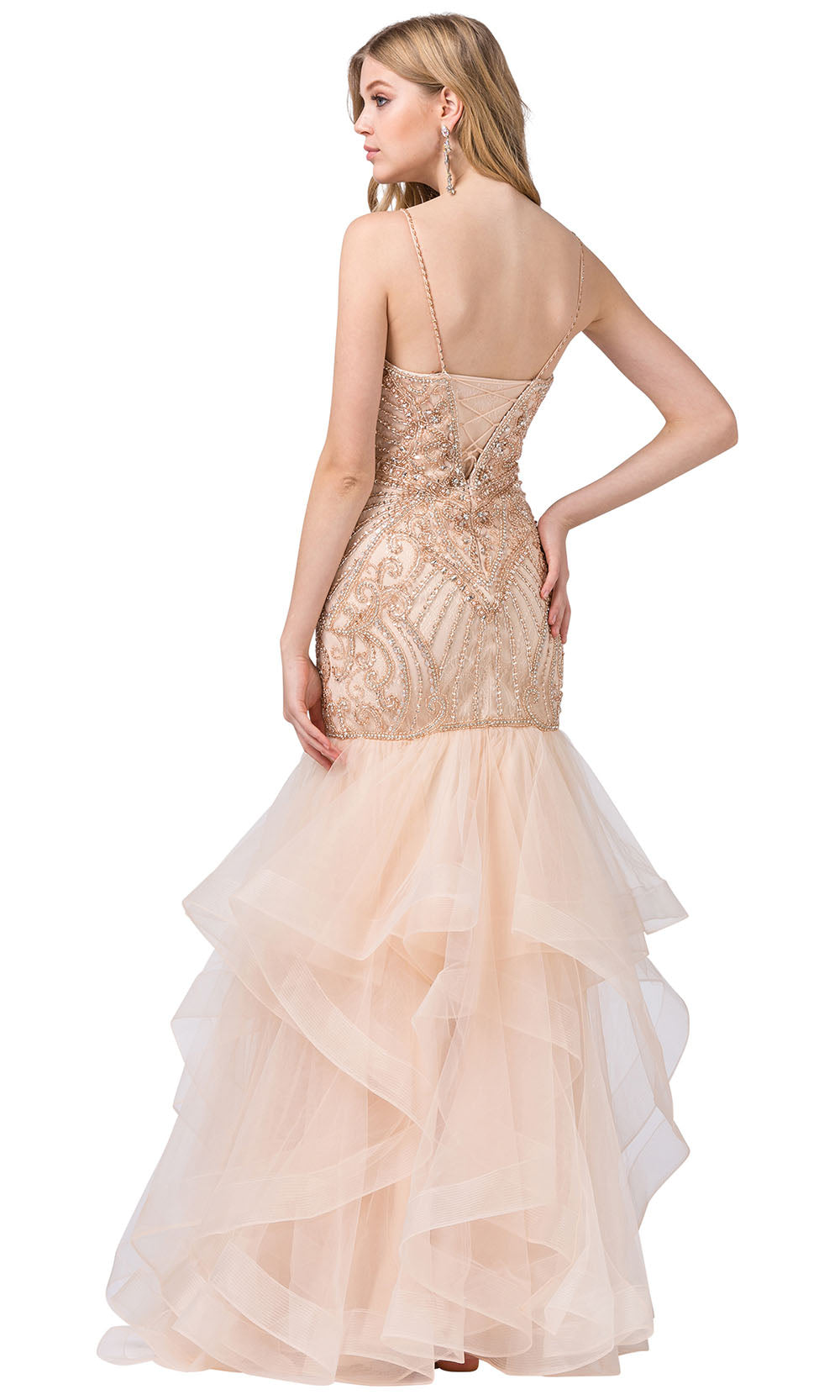 Dancing Queen - 2523 Jeweled Sheer Flared Trumpet Dress In Champagne & Gold