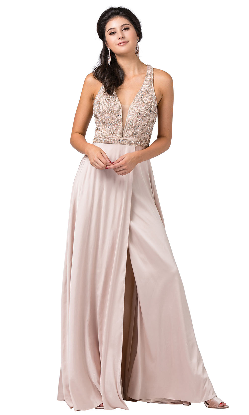 Dancing Queen - 2527 Beaded Crisscross Strapped A-Line Dress In Champagne & Gold