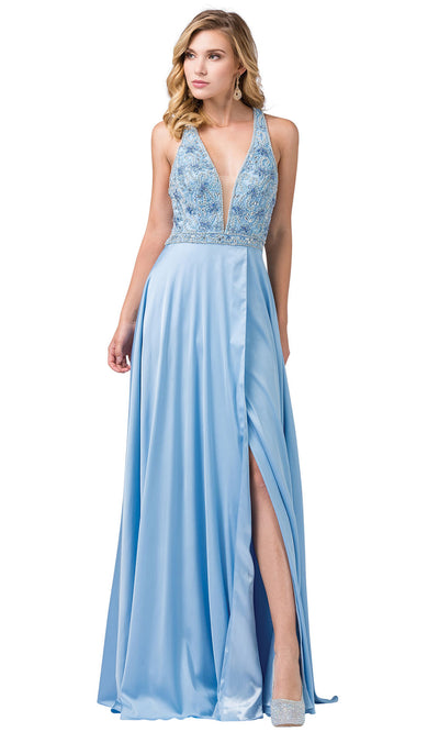 Dancing Queen - 2527 Beaded Crisscross Strapped A-Line Dress In Blue