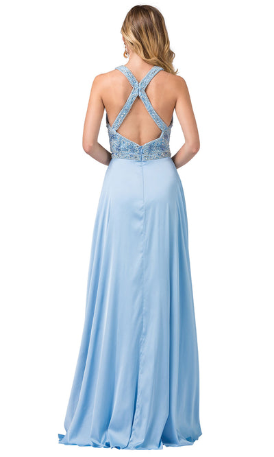 Dancing Queen - 2527 Beaded Crisscross Strapped A-Line Dress In Blue