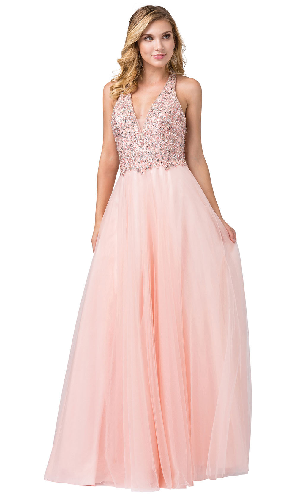 Dancing Queen - 2532 Embellished Deep V Neck A-Line Gown In Pink
