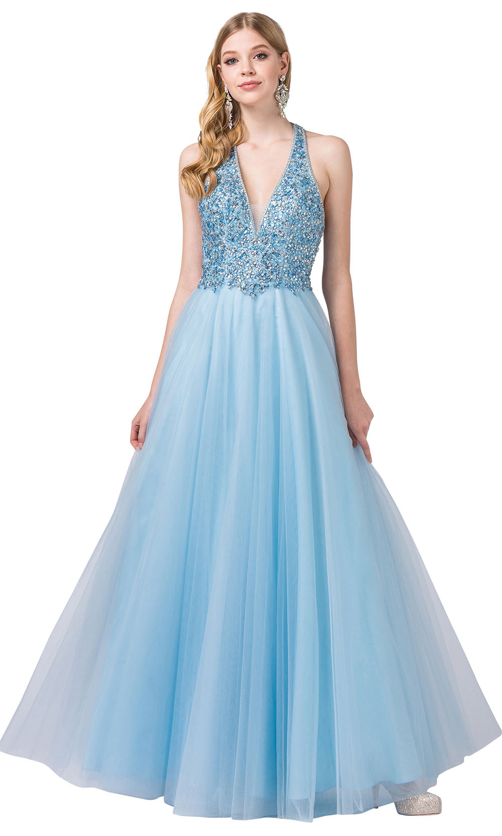 Dancing Queen - 2532 Embellished Deep V Neck A-Line Gown In Blue