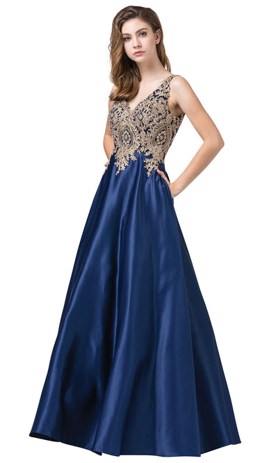 Dancing Queen - 2533 Embroidered V Neck A-Line Dress In Blue
