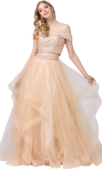 Dancing Queen - 2545 Two-Piece Embroidered Off Shoulder A-Line Dress In Champagne & Gold