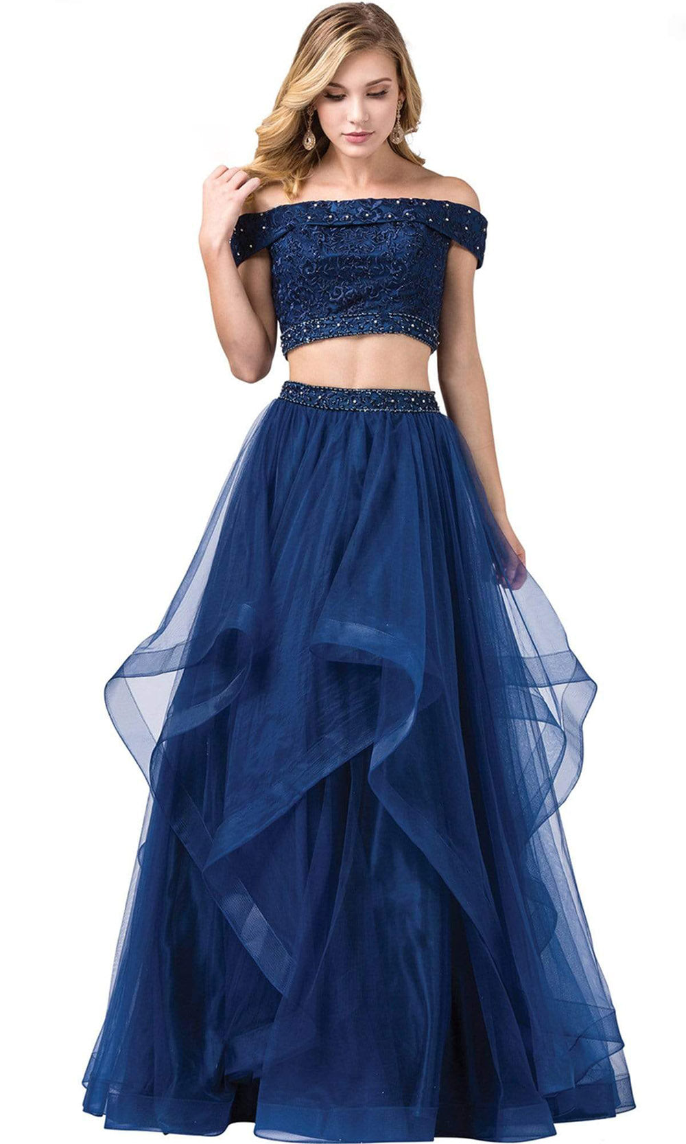 Dancing Queen - 2545 Two-Piece Embroidered Off Shoulder A-Line Dress In Blue