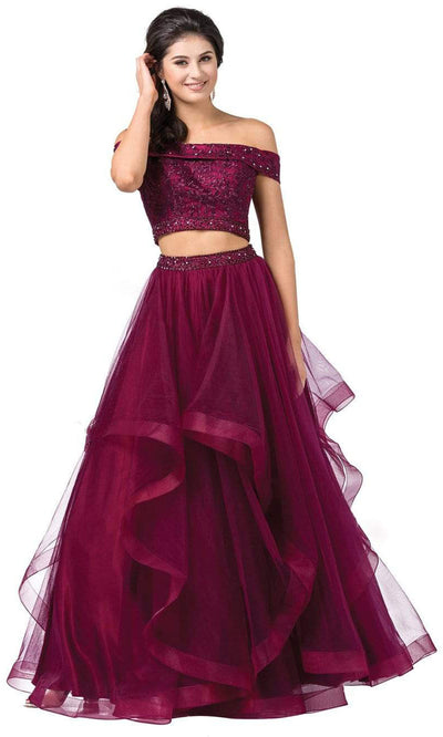 Dancing Queen - 2545 Two-Piece Embroidered Off Shoulder A-Line Dress In Burgundy