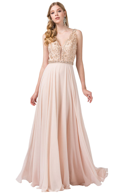 Dancing Queen - 2552 Scalloped Embroidered A-Line Dress In Champagne & Gold