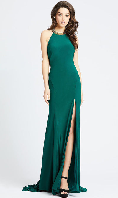 Mac Duggal - 25572L Beaded Halter Neck High Slit Gown In Green