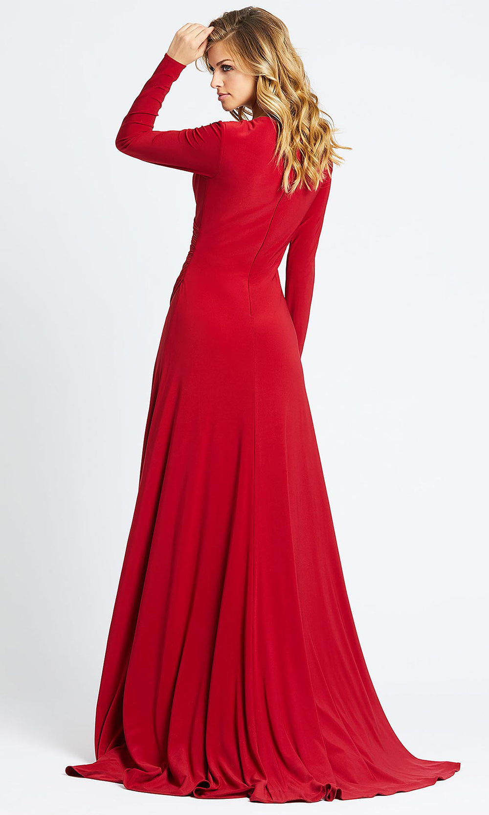 Mac Duggal - 25685I Long Sleeve Jersey Wrap High Slit Gown In Red
