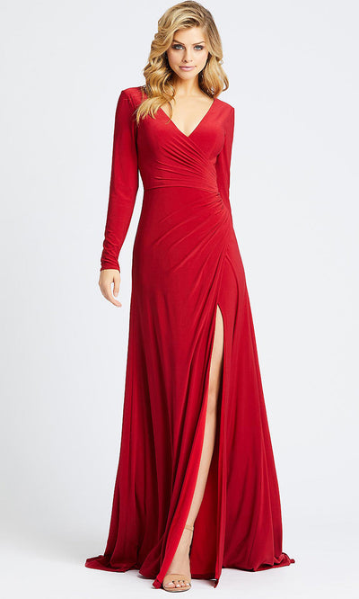 Mac Duggal - 25685I Long Sleeve Jersey Wrap High Slit Gown In Red