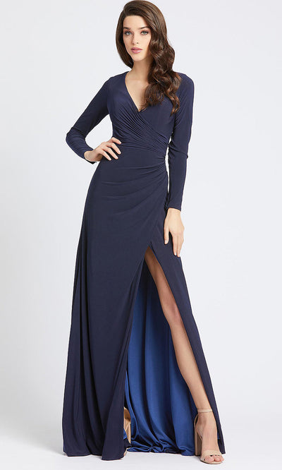 Mac Duggal - 25685I Long Sleeve Jersey Wrap High Slit Gown In Blue