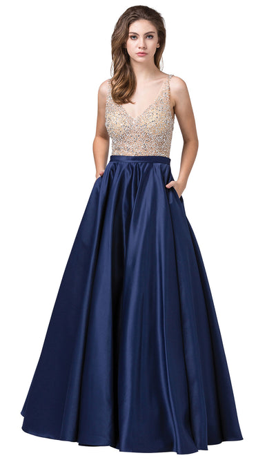 Dancing Queen - 2568 Beaded Bodice Open Back A-Line Gown In Blue