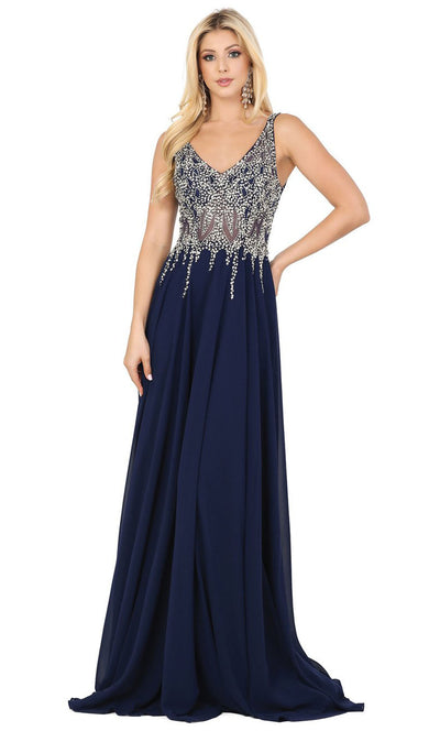 Dancing Queen - 2570 Embellished Sheer Bodice A-Line Gown In Blue