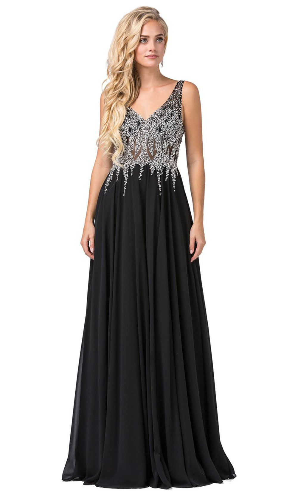 Dancing Queen - 2570 Embellished Sheer Bodice A-Line Gown In Black