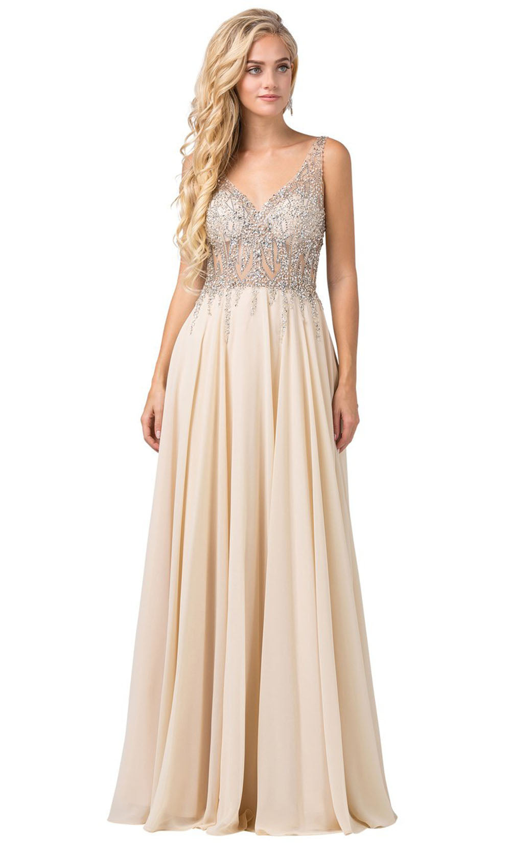 Dancing Queen - 2570 Embellished Sheer Bodice A-Line Gown In Champagne & Gold
