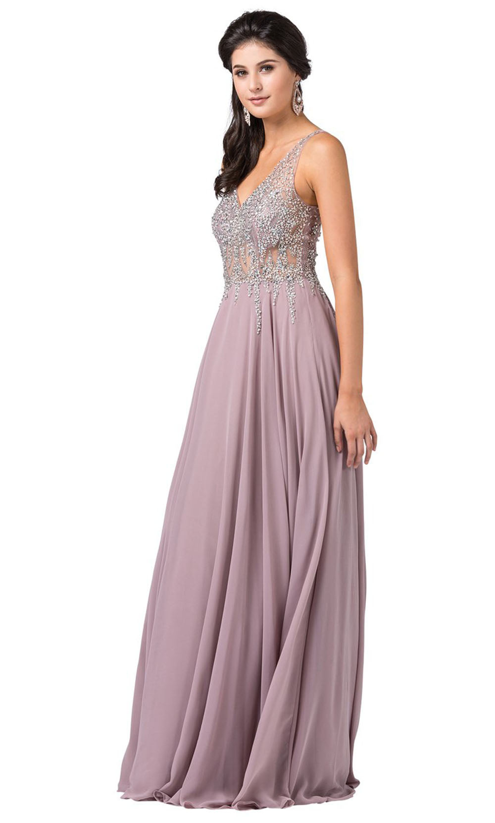Dancing Queen - 2570 Embellished Sheer Bodice A-Line Gown In Brown
