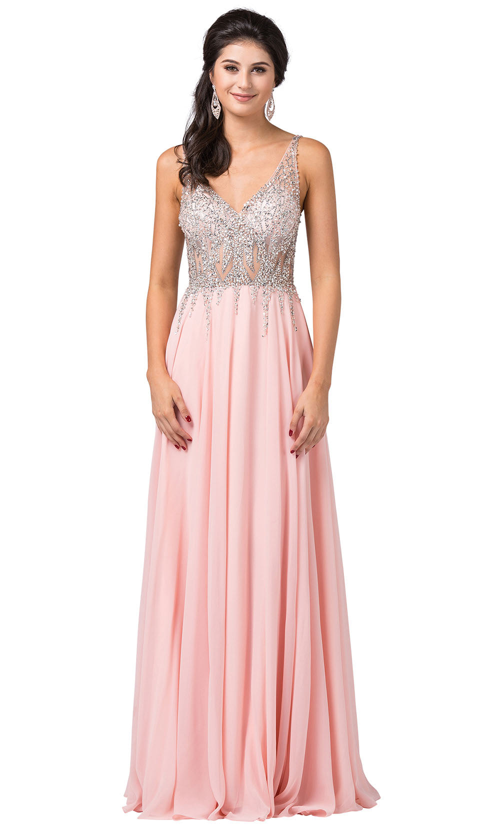 Dancing Queen - 2570 Embellished Sheer Bodice A-Line Gown In Pink