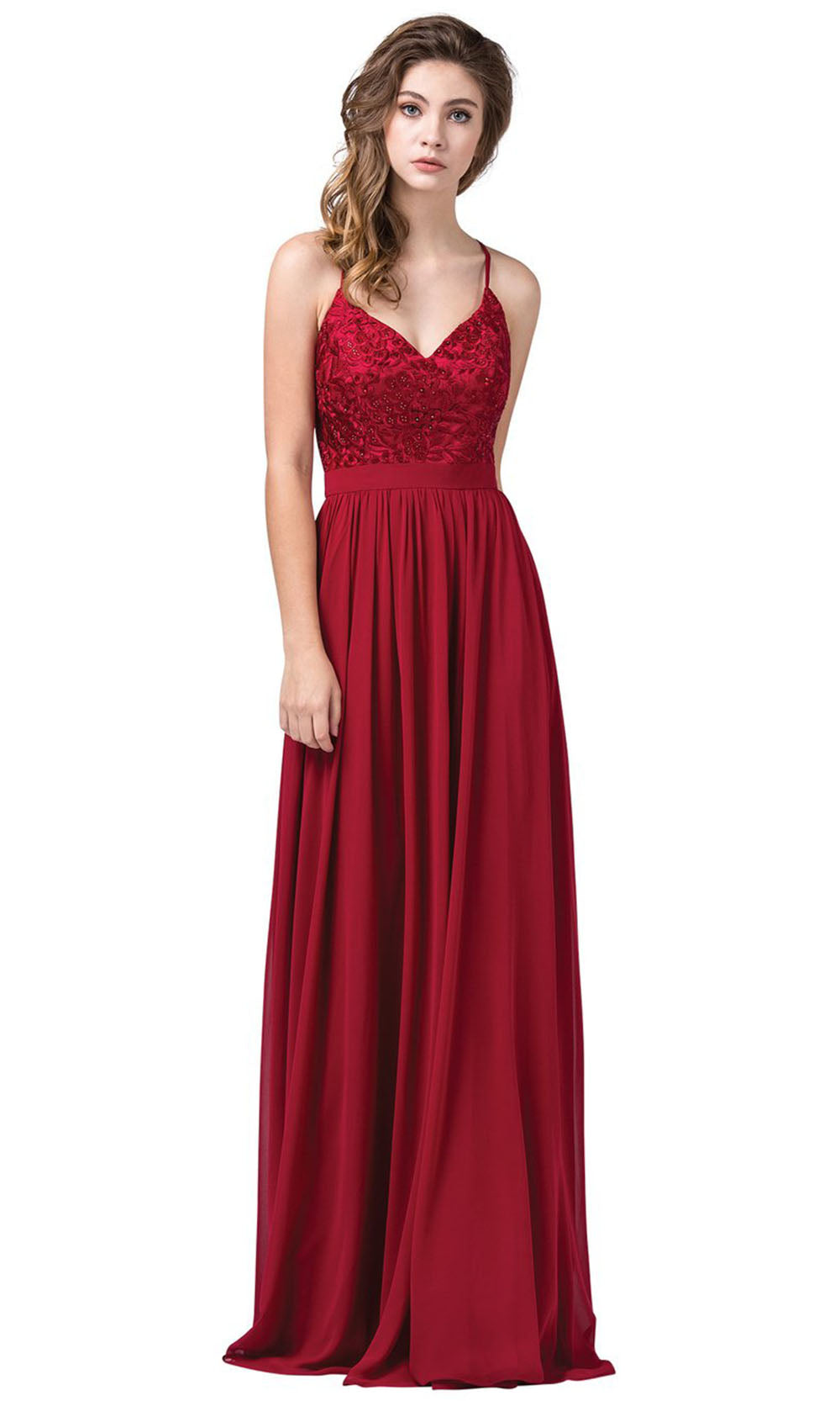 Dancing Queen - 2571 Embroidered V Neck Long A-Line Gown In Red