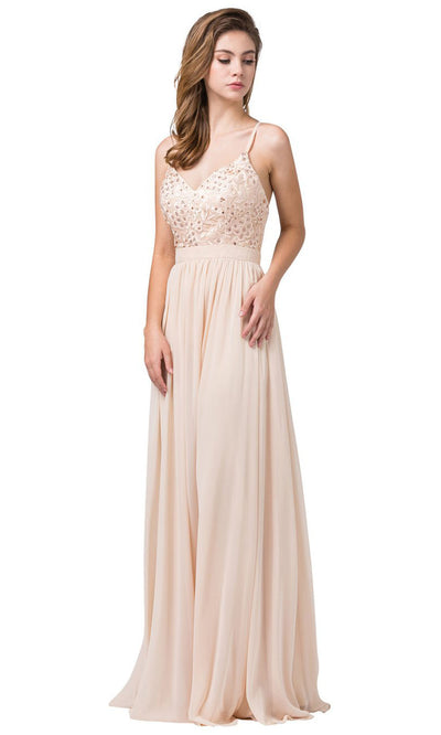 Dancing Queen - 2571 Embroidered V Neck Long A-Line Gown In Neutral