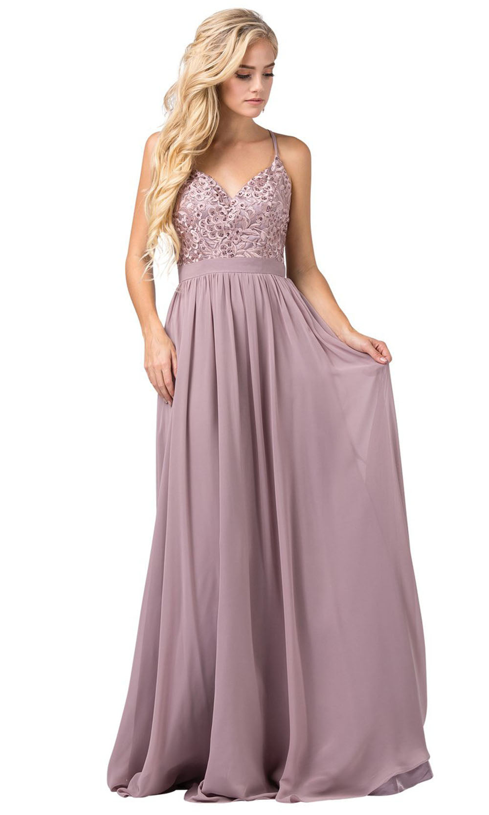 Dancing Queen - 2571 Embroidered V Neck Long A-Line Gown In Brown