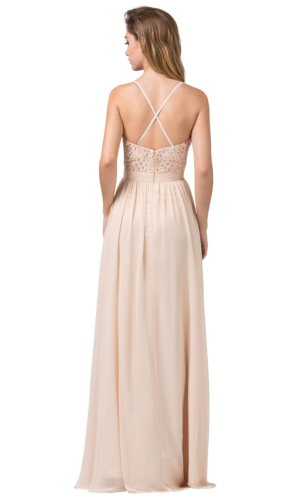 Dancing Queen - 2571 Embroidered V Neck Long A-Line Gown In Neutral
