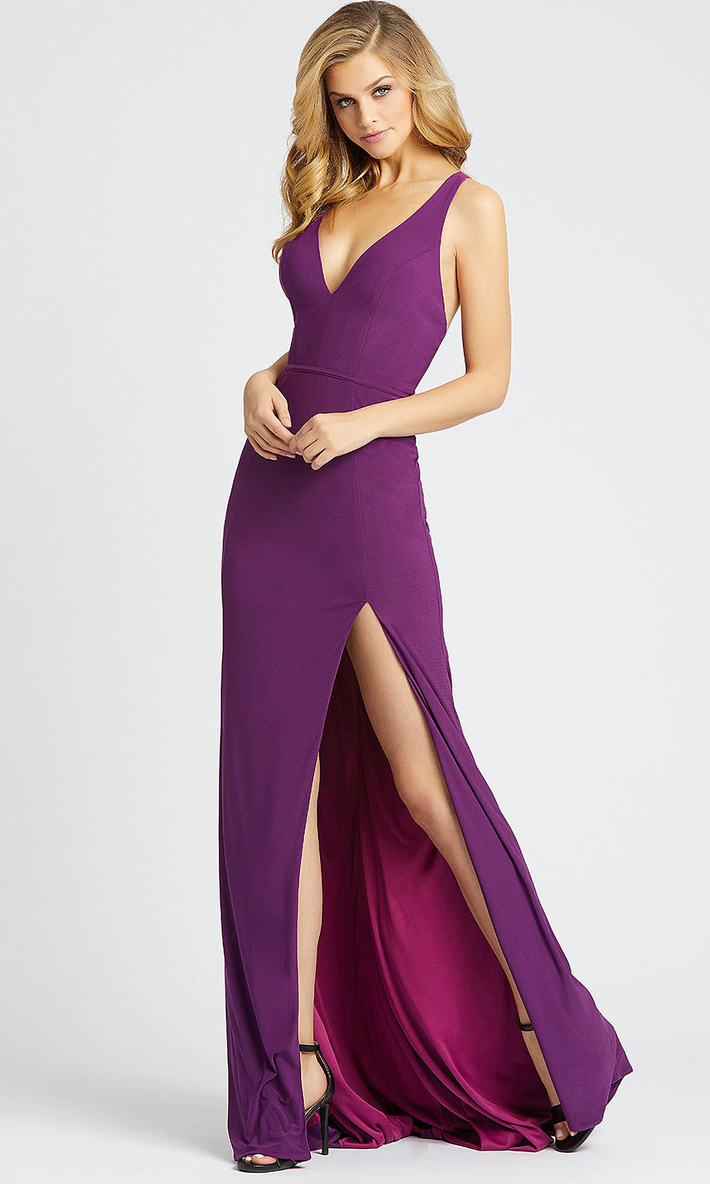Mac Duggal - 25846I V Neck Open Back High Slit Evening Dress In Purple