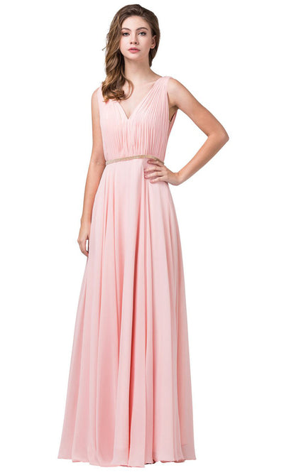 Dancing Queen - 2588 V Neck Embellished A-Line Dress In Pink
