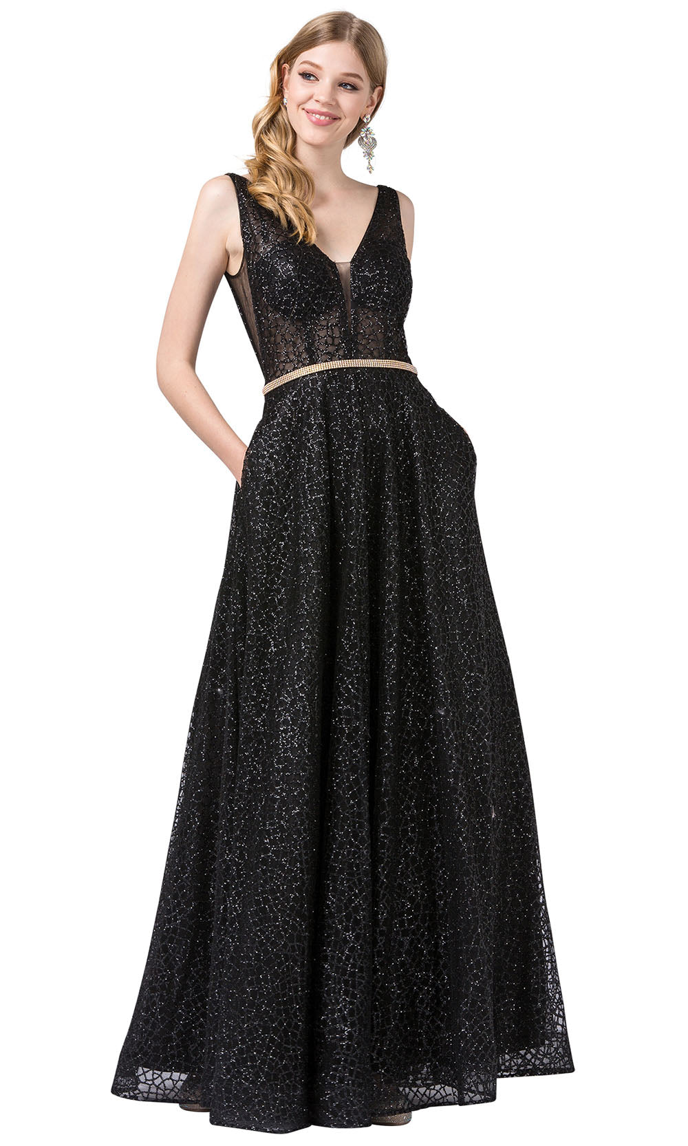 Dancing Queen - 2593 Illusion Bodice Glitter Mesh A-Line Gown In Black