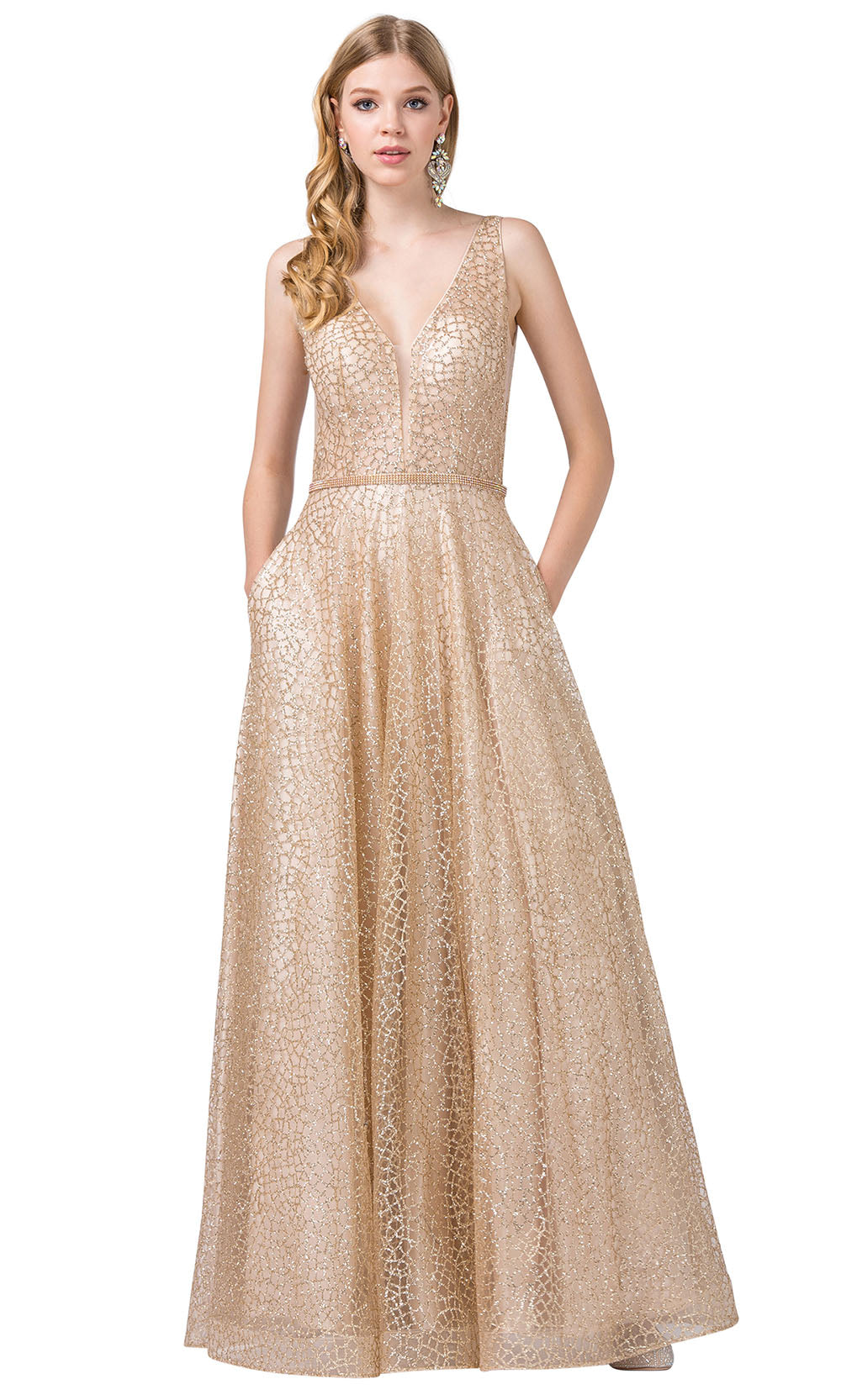 Dancing Queen - 2593 Illusion Bodice Glitter Mesh A-Line Gown In Champagne & Gold