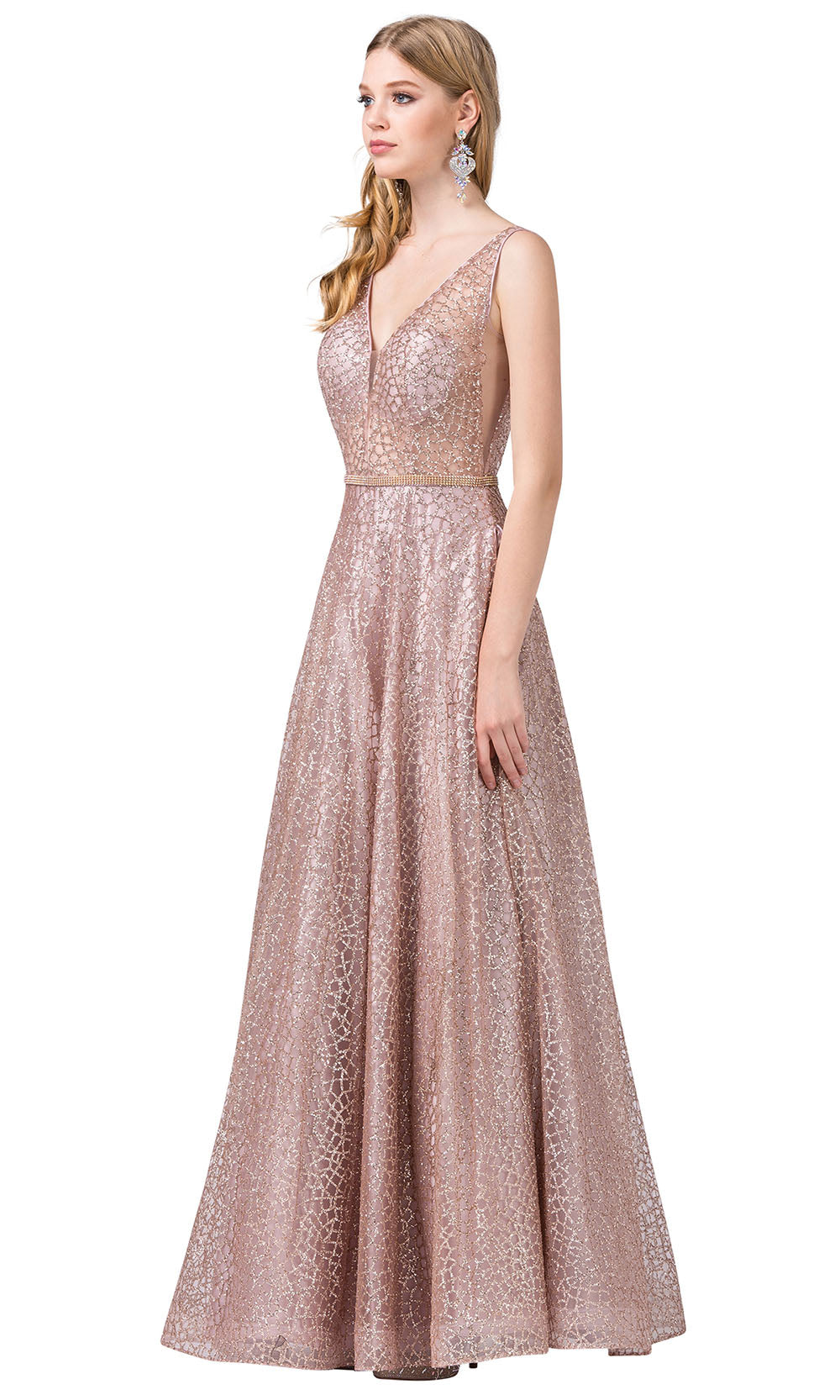 Dancing Queen - 2593 Illusion Bodice Glitter Mesh A-Line Gown In Pink
