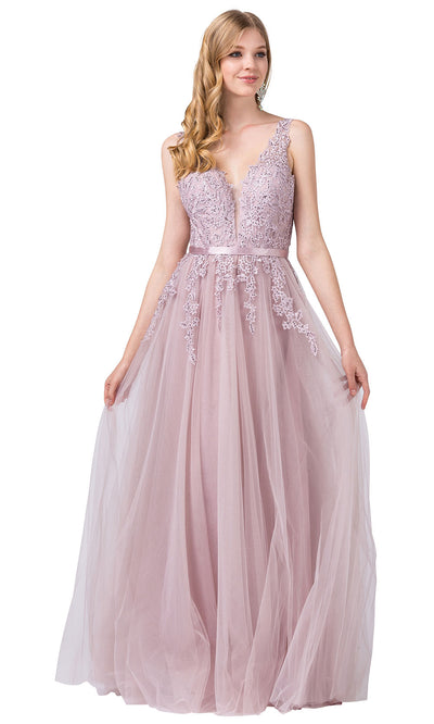 Dancing Queen - 2596 Embroidered Deep V Neck A-Line Gown In Pink