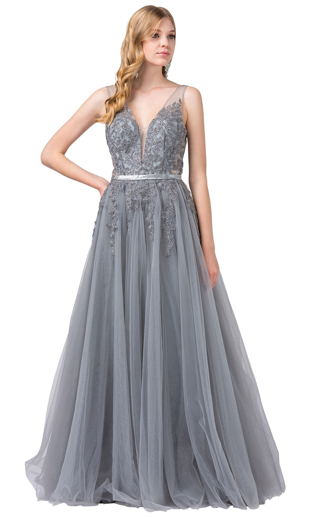 Dancing Queen - 2596 Embroidered Deep V Neck A-Line Gown In Silver