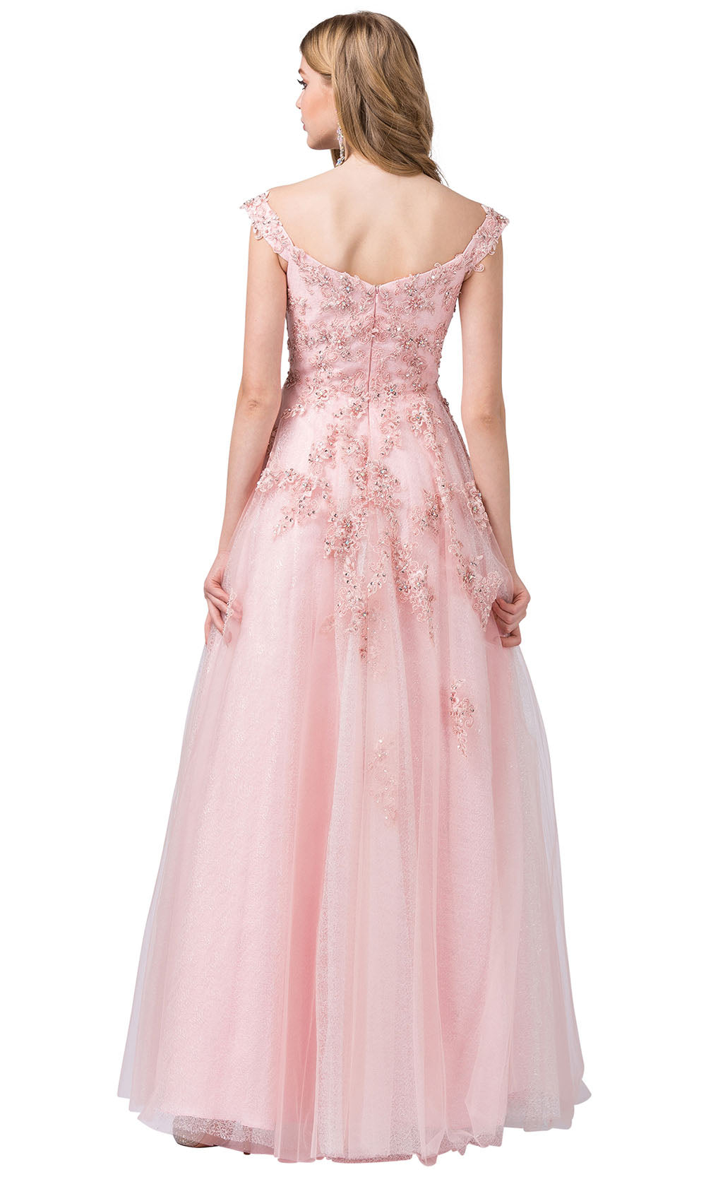 Dancing Queen - 2600 Embroidered Cap Sleeve V Neck A-Line Gown In Pink