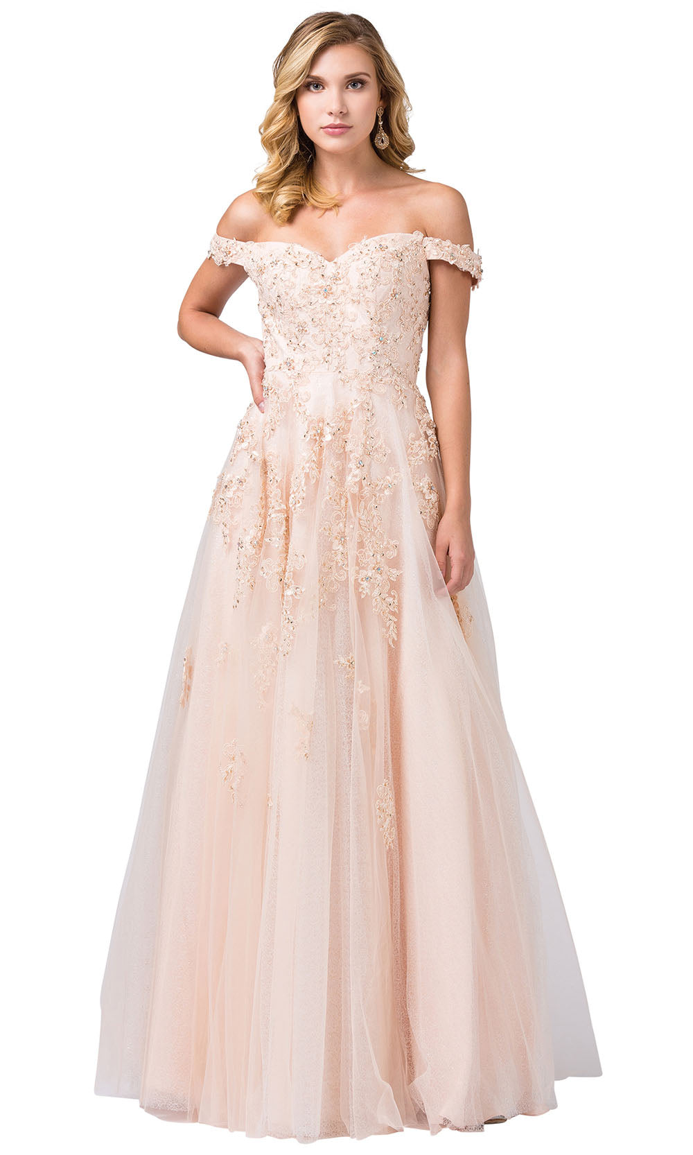 Dancing Queen - 2600 Embroidered Cap Sleeve V Neck A-Line Gown In Neutral