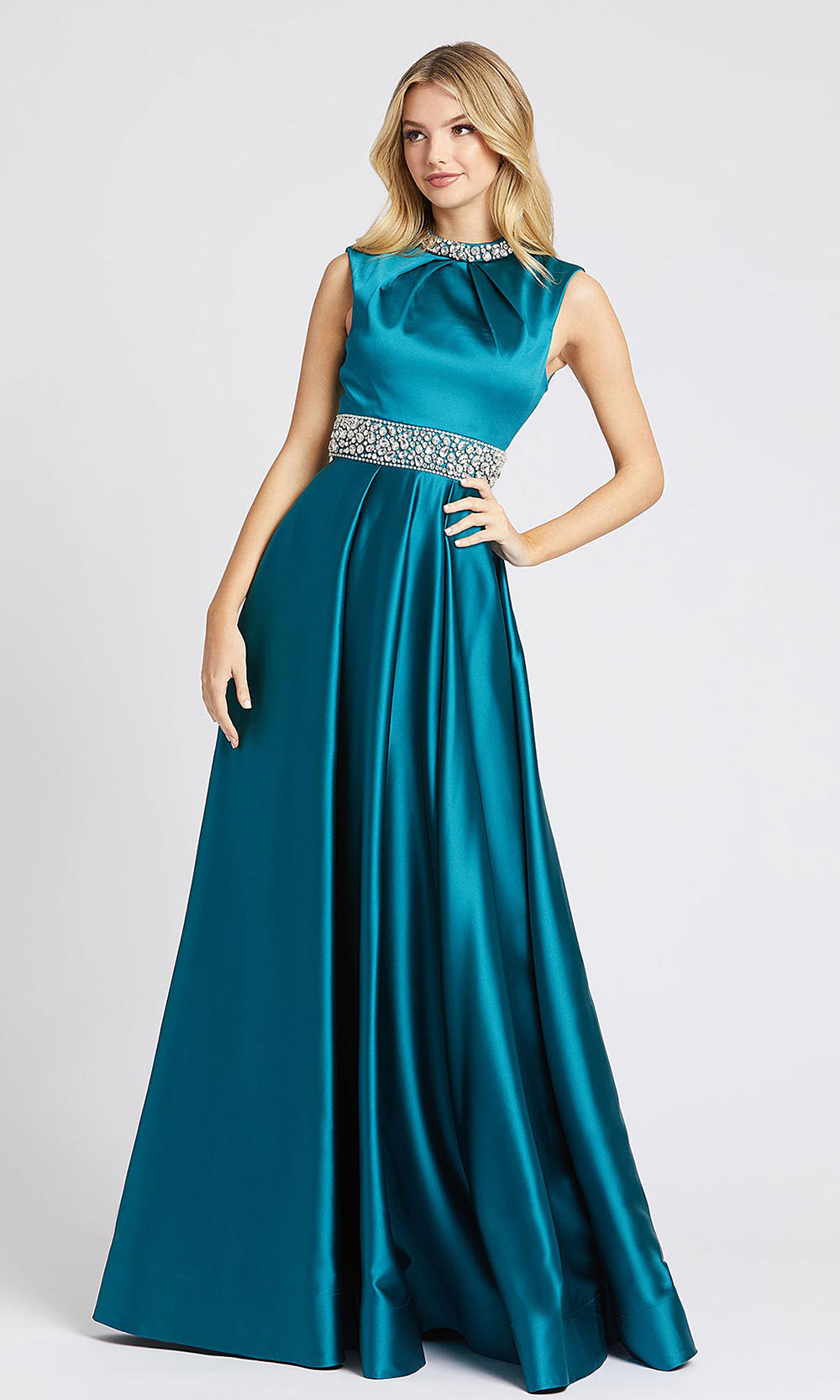 Mac Duggal - 26063L Beaded High Neck A-Line Gown In Green