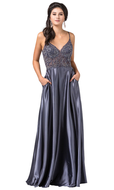 Dancing Queen - 2614 Embellished V Neck Long A-Line Gown In Gray