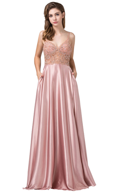 Dancing Queen - 2614 Embellished V Neck Long A-Line Gown In Pink