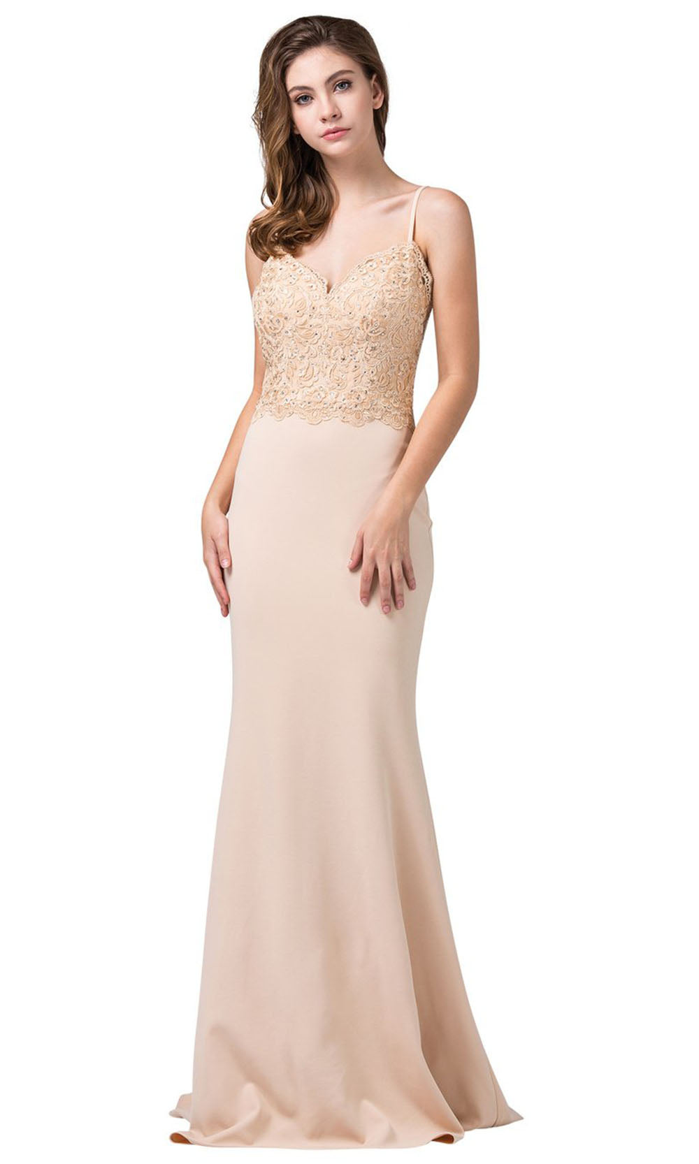 Dancing Queen - 2620 Embroidered V Neck Trumpet Dress With Train In Neutral